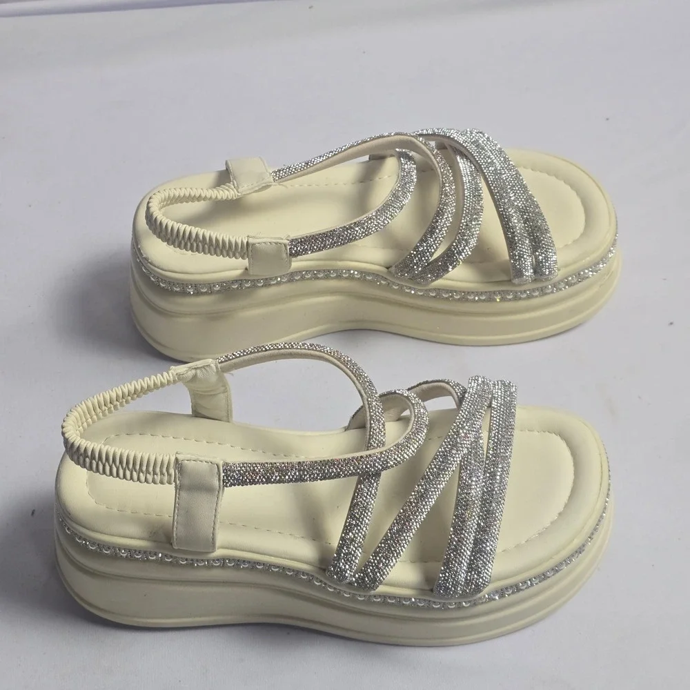 Rhinestone Embellished Platform Slingback Sandals Cream Off White Size 40